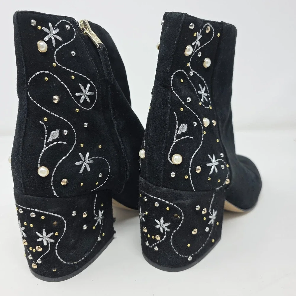 Sam Edelman Ankle Boots Womens 7.5 Black Suede Embroidered Pearl Stud Block Heel